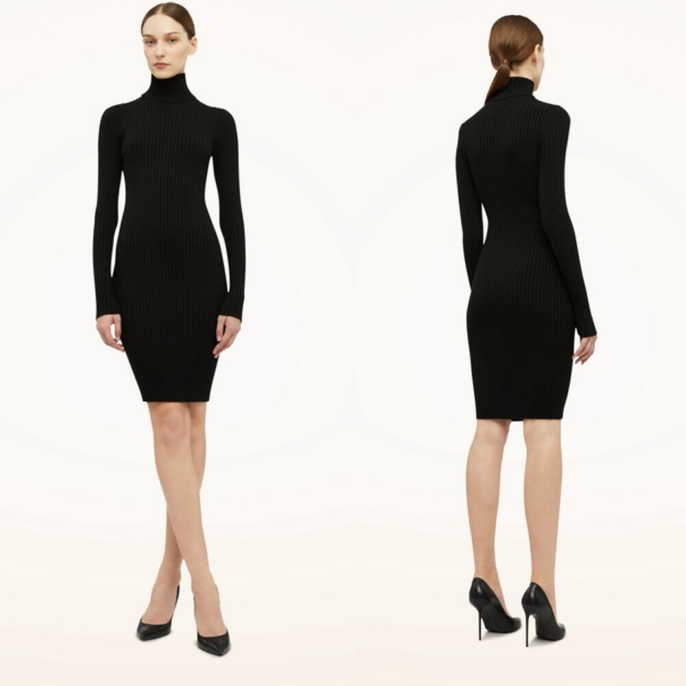 NWT Wolford Black Merino Virgin Wool Ribbed Long Sleeve Sweater Dress Large